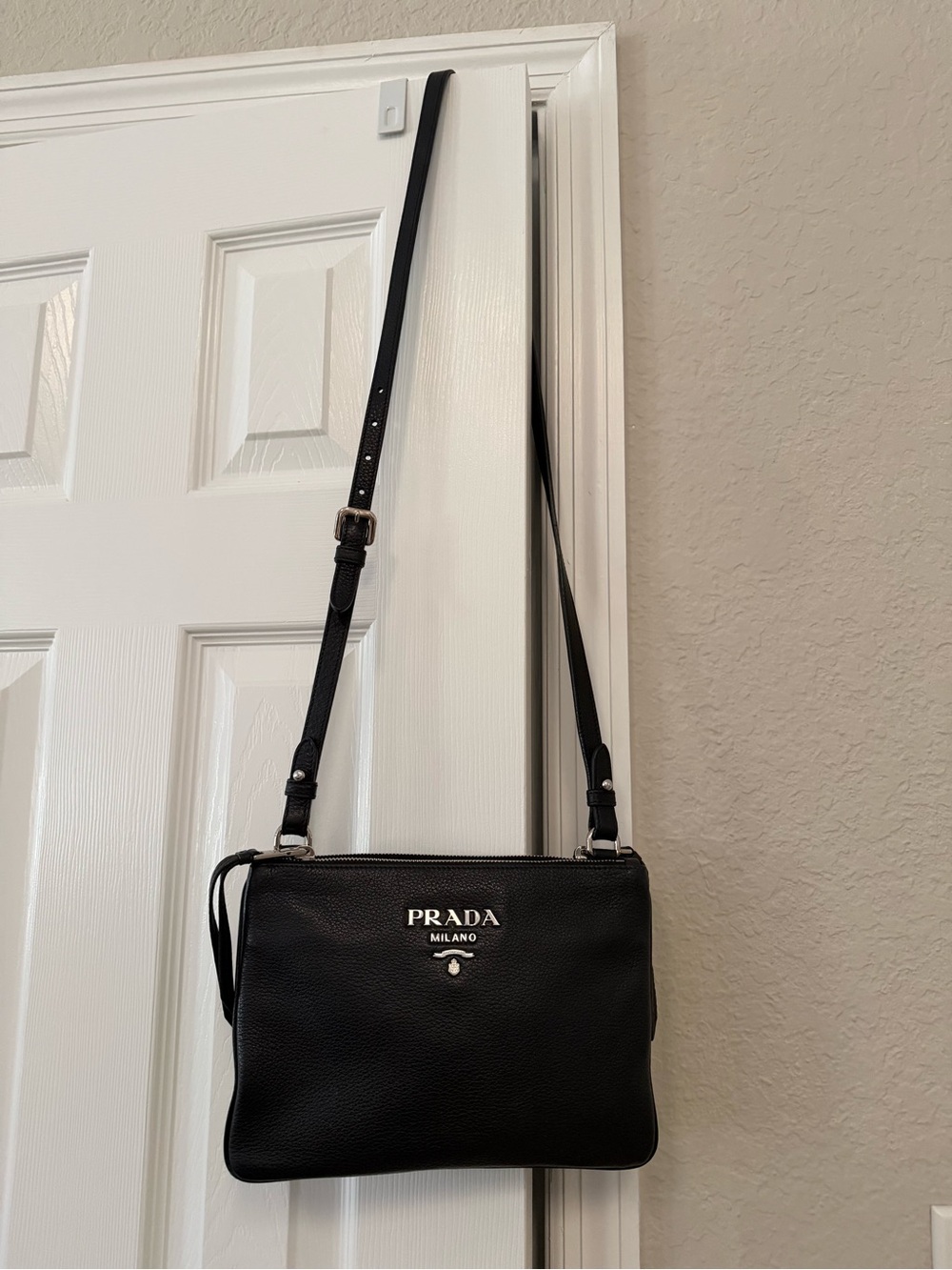 Prada Black Pebbled Leather Crossbody Bag with Silver Logo